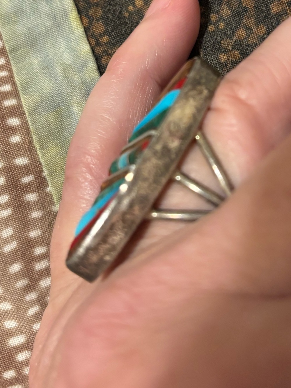 Multicolor Inlay Oval Statement Ring - Turquoise, Red & Brown Accents - Picture 4 of 5